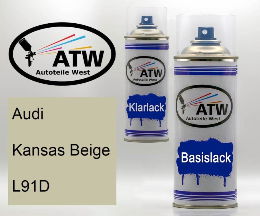 Audi, Kansas Beige, L91D: 400ml Sprühdose + 400ml Klarlack - Set, von ATW Autoteile West.